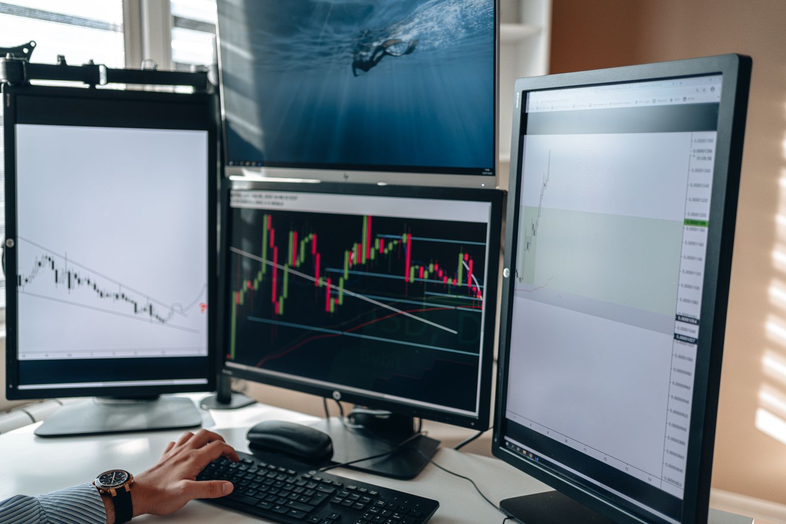 A trader's multi-monitor desk showing live charts
