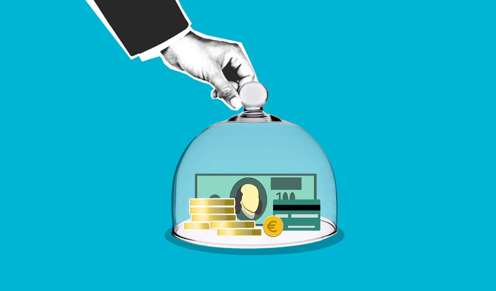 A hand lowering a protective glass dome over cash and coins