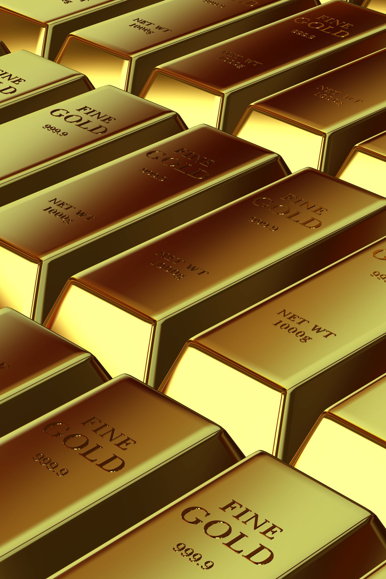Rows of stacked fine gold bullion bars