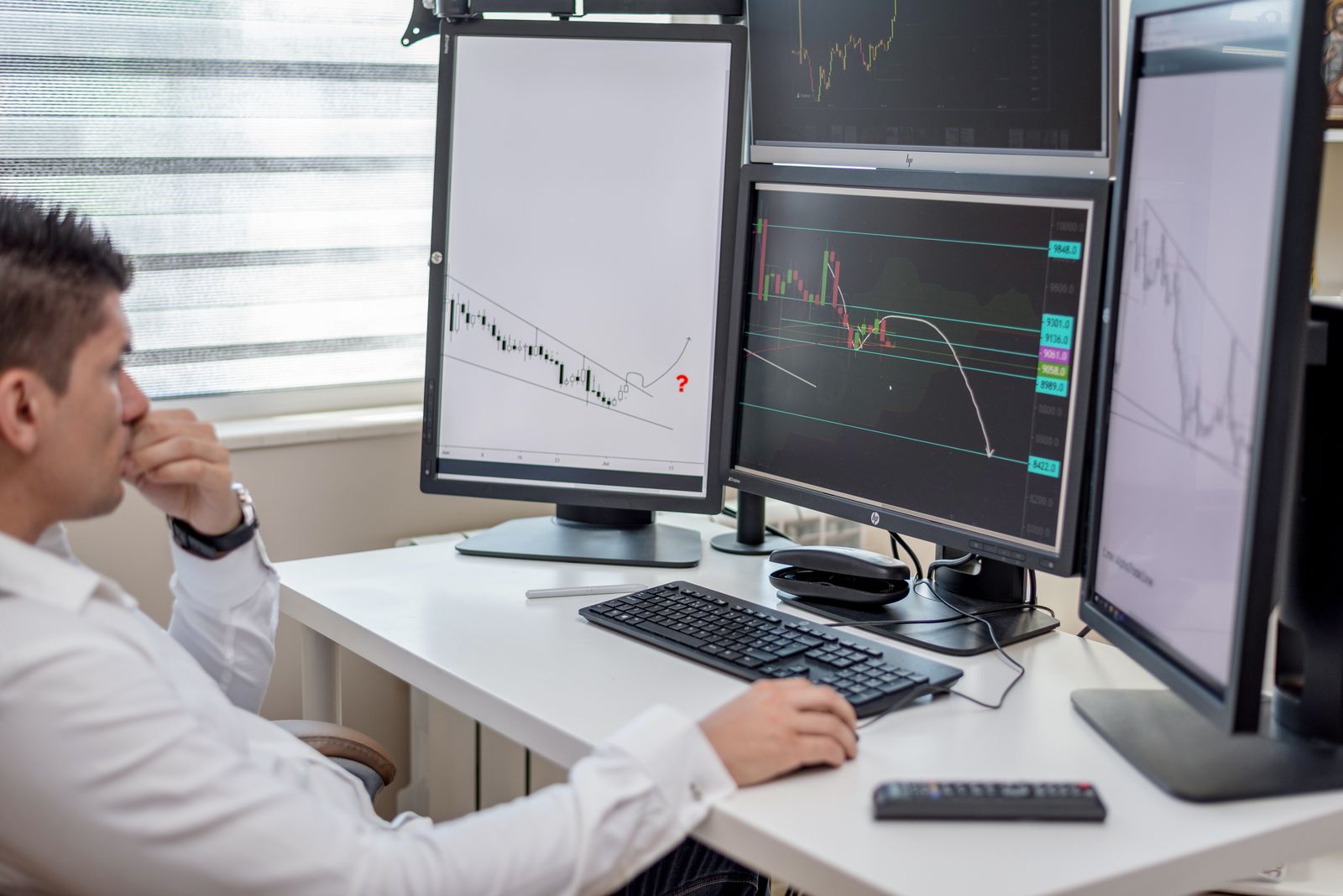 A trader studying candlestick charts across a multi-monitor desk