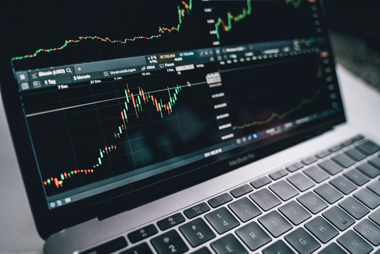 A laptop displaying a live trading chart in the browser
