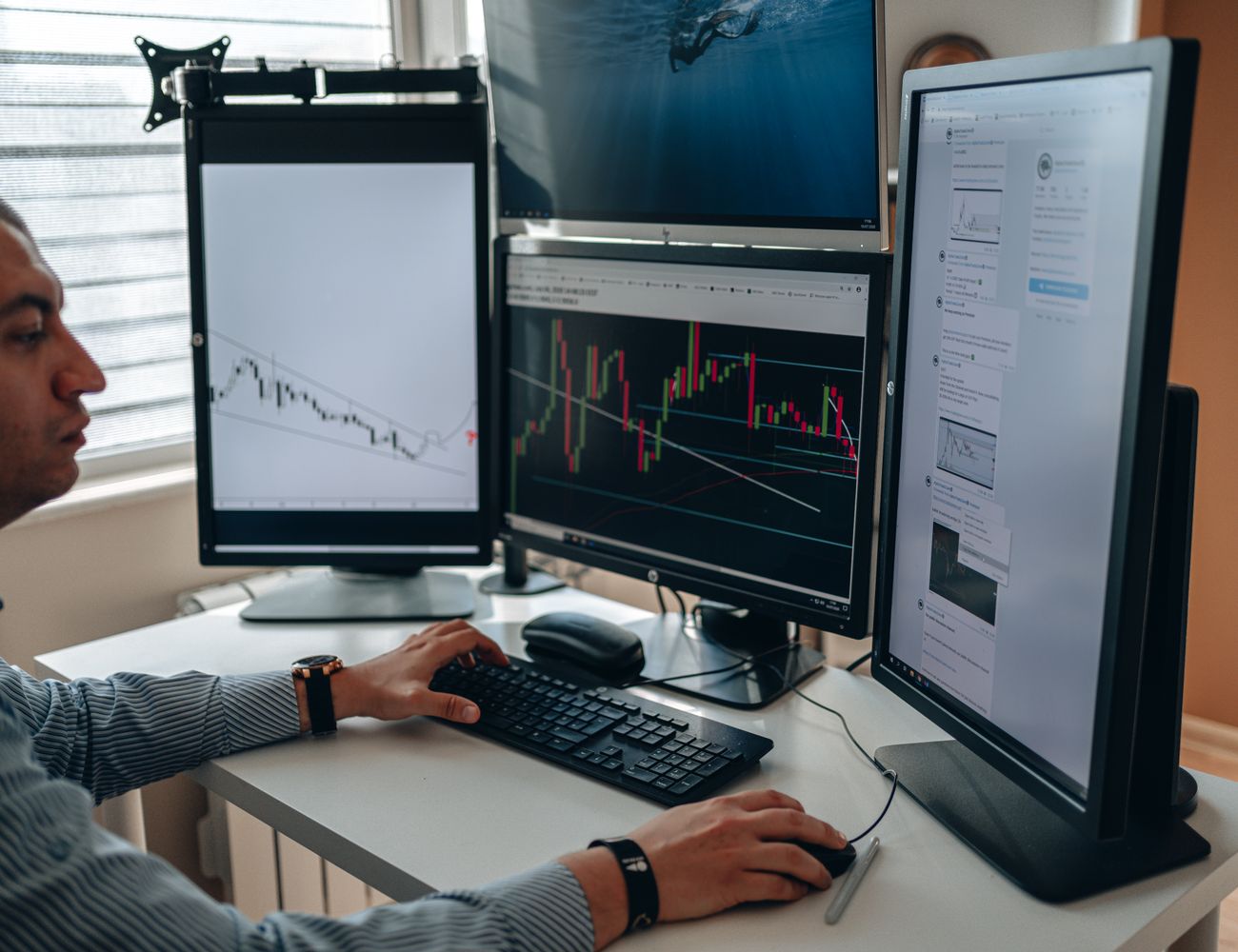 A multi-monitor trading desk with charts